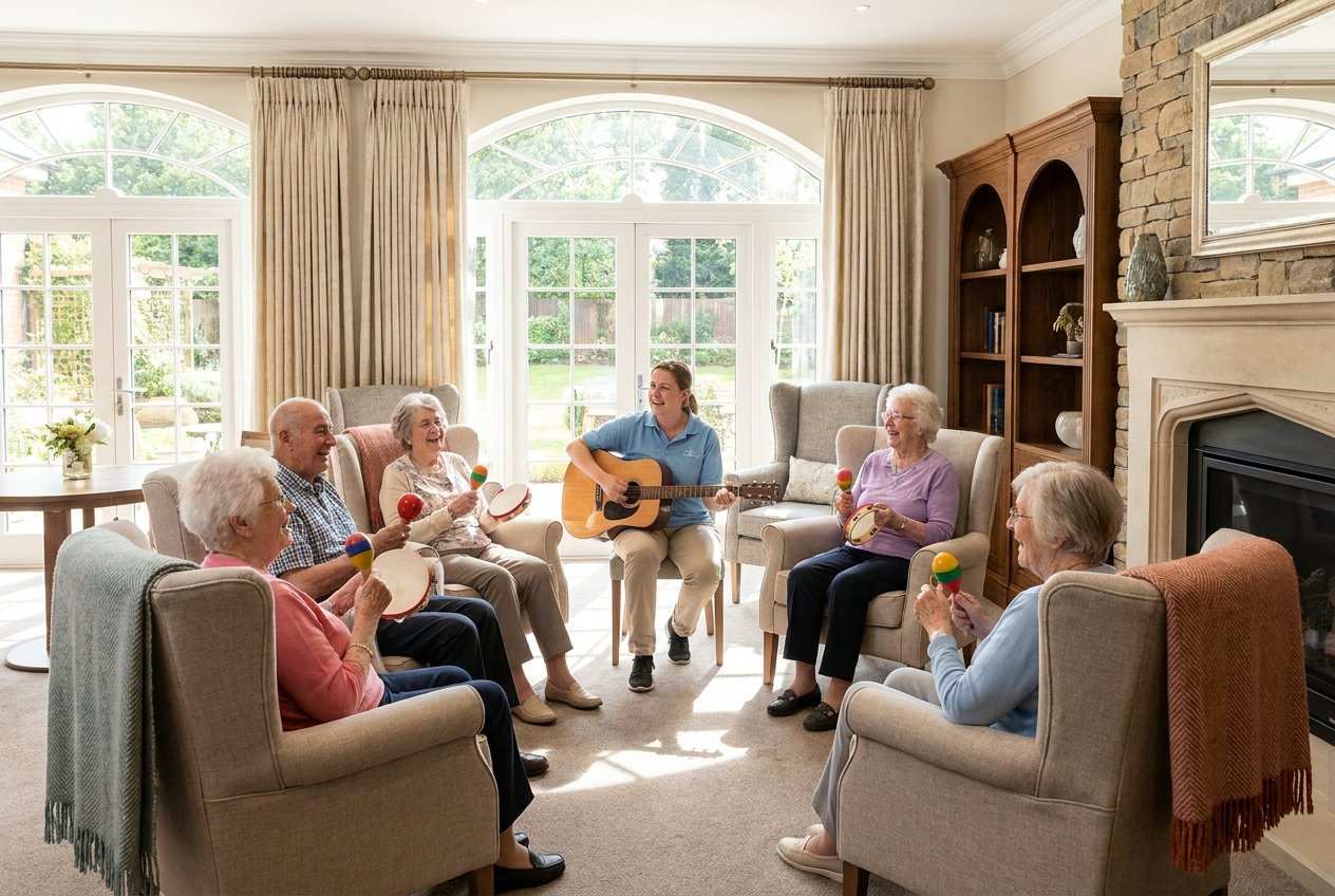 Residents enjoying a group activity in the recreation room