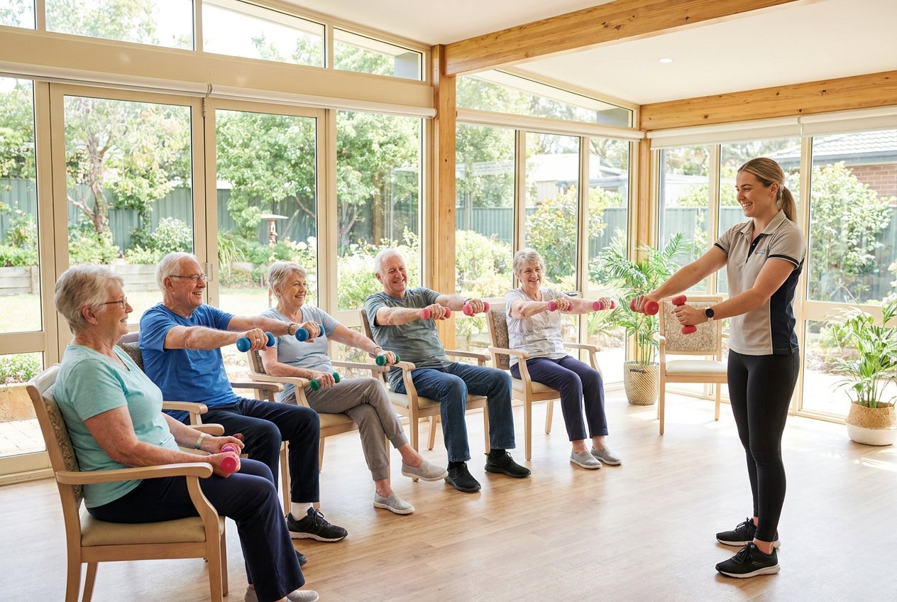 Residents enjoying a group wellness class at Velora Senior Living
